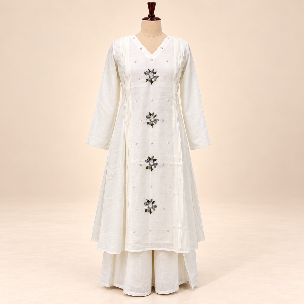 Elegant White Cotton Floral Embroidered Kurta Set