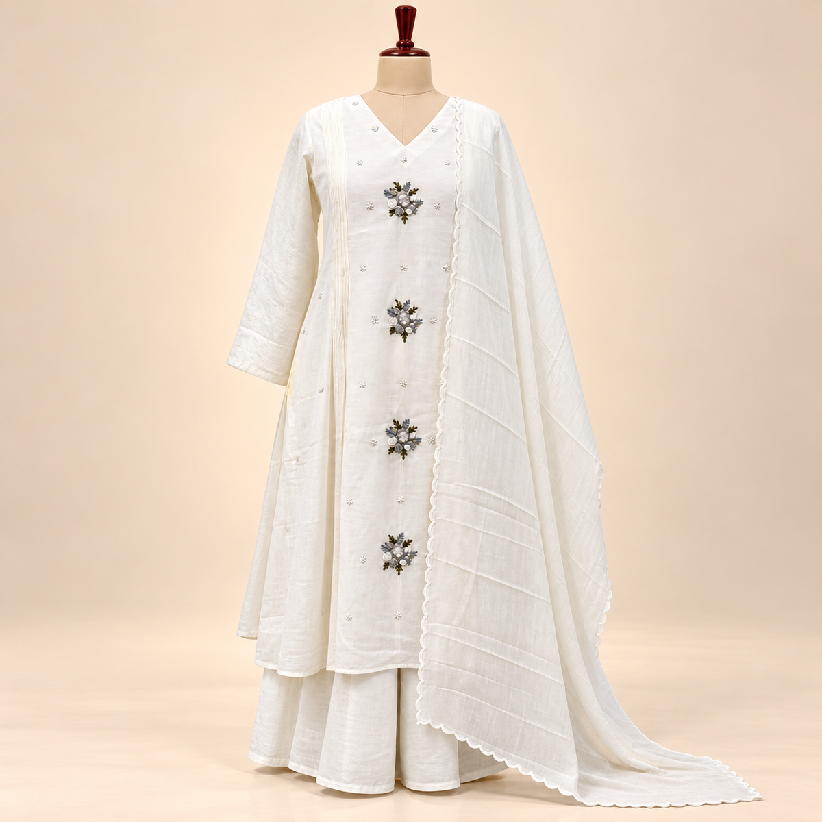 Elegant White Cotton Floral Embroidered Kurta Set