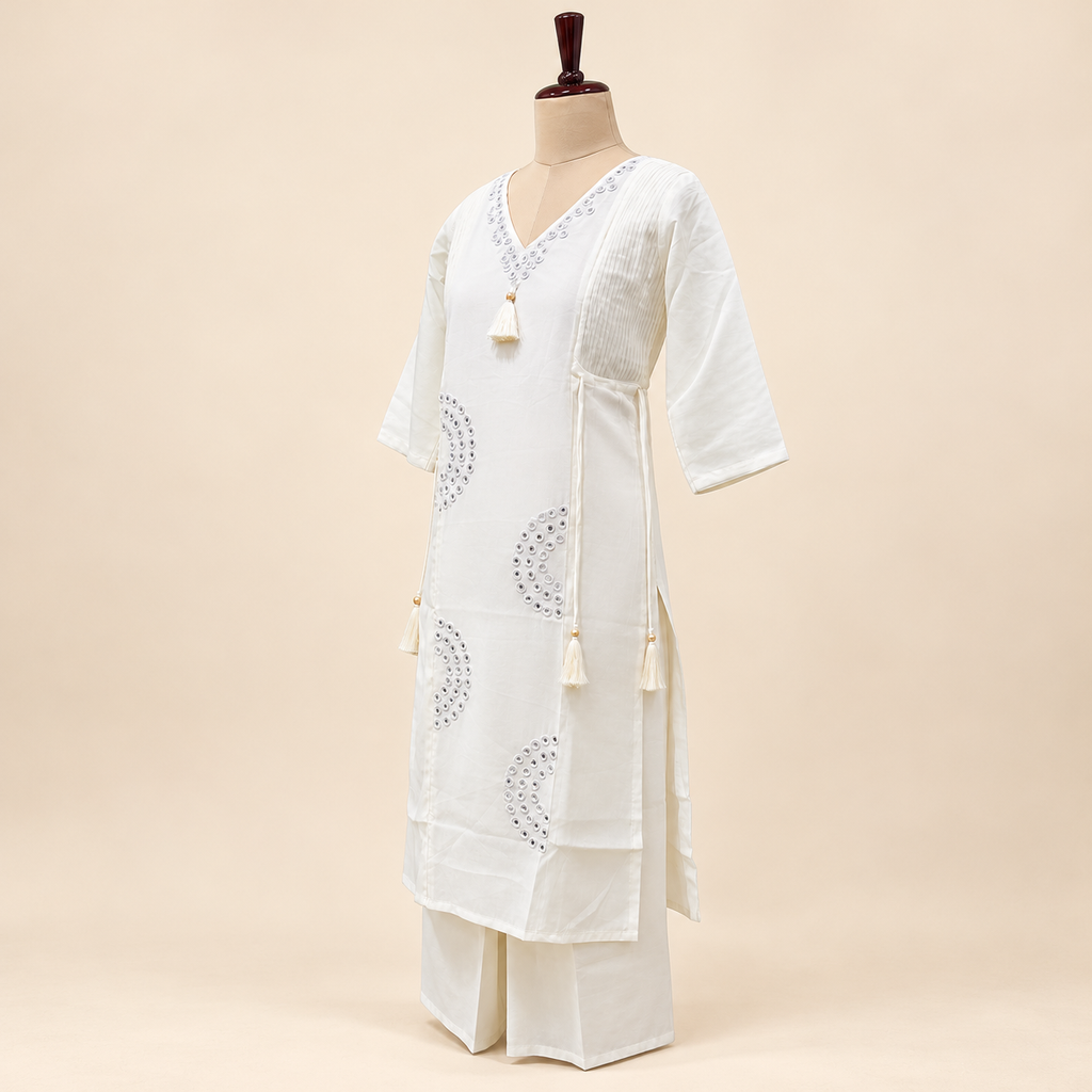 Multicolour Mirror Work Cotton Kurta Set with Palazzo and Dupatta