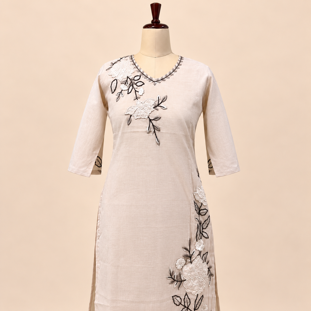 Multi-Tone Cream Cotton Floral Embroidered Straight Cut Salwar Suit with Dupatta