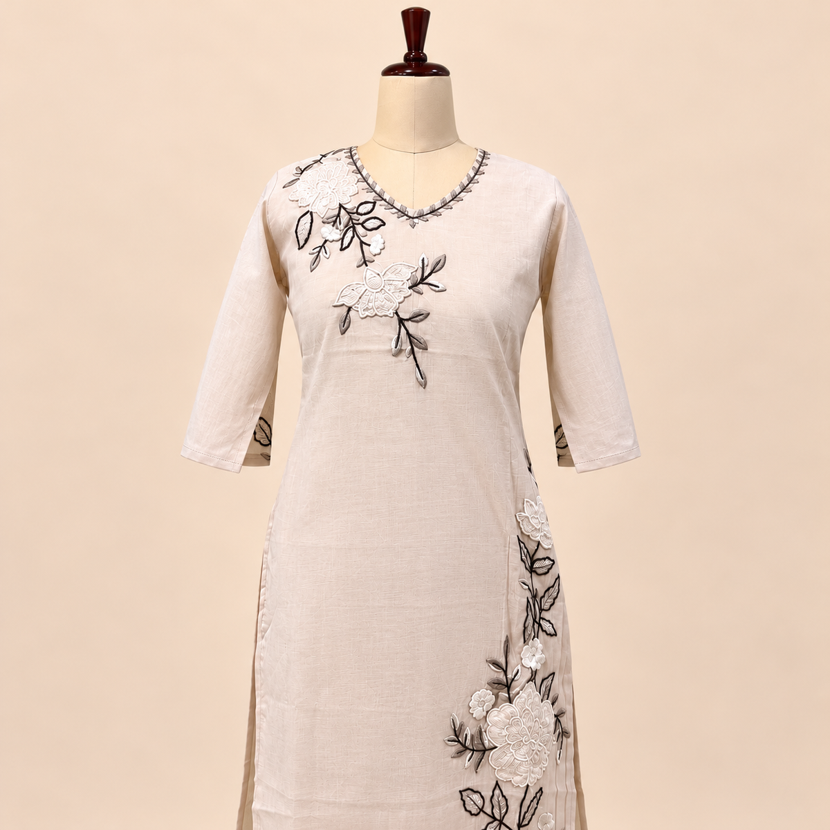 Multi-Tone Cream Cotton Floral Embroidered Straight Cut Salwar Suit with Dupatta