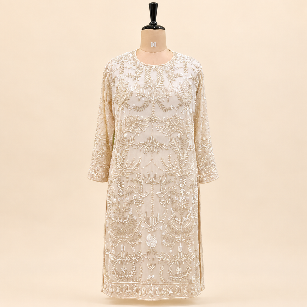 Ivory Cream Floral Embroidered Chinon Palazzo Salwar Set with Dupatta