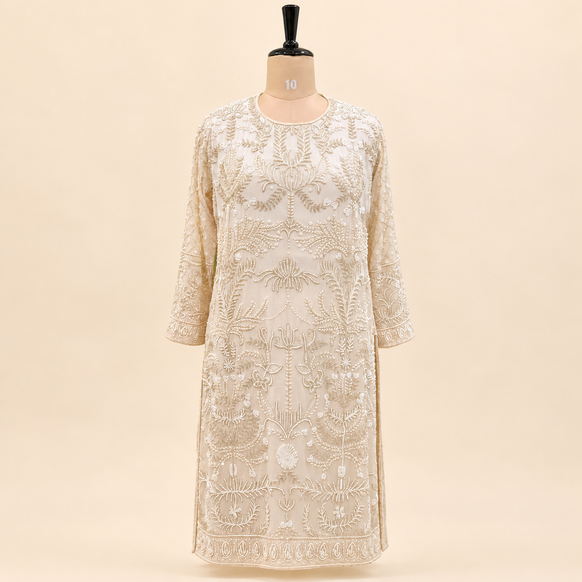 Ivory Cream Floral Embroidered Chinon Palazzo Salwar Set with Dupatta