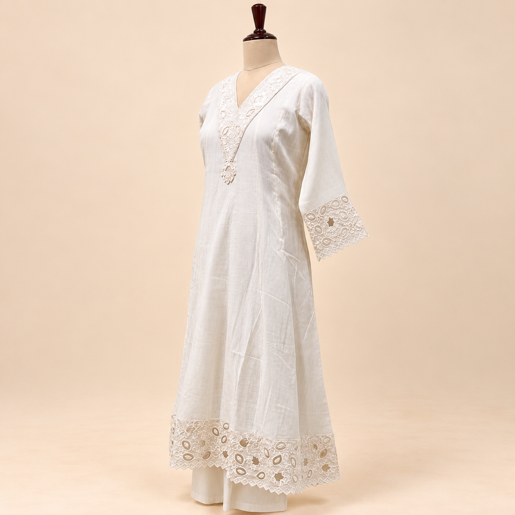 Multi-Tone Ivory Cotton Floral Embroidered Straight Cut Salwar Suit with Dupatta