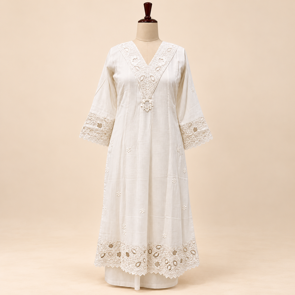 Multi-Tone Ivory Cotton Floral Embroidered Straight Cut Salwar Suit with Dupatta