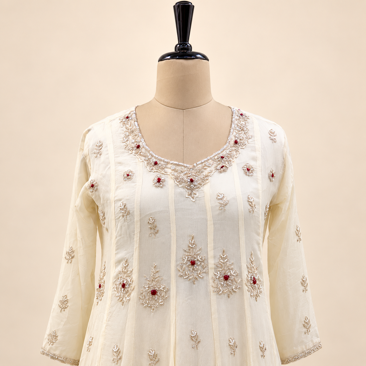 Cream Embellished chinon Salwar Suit with Dupatta