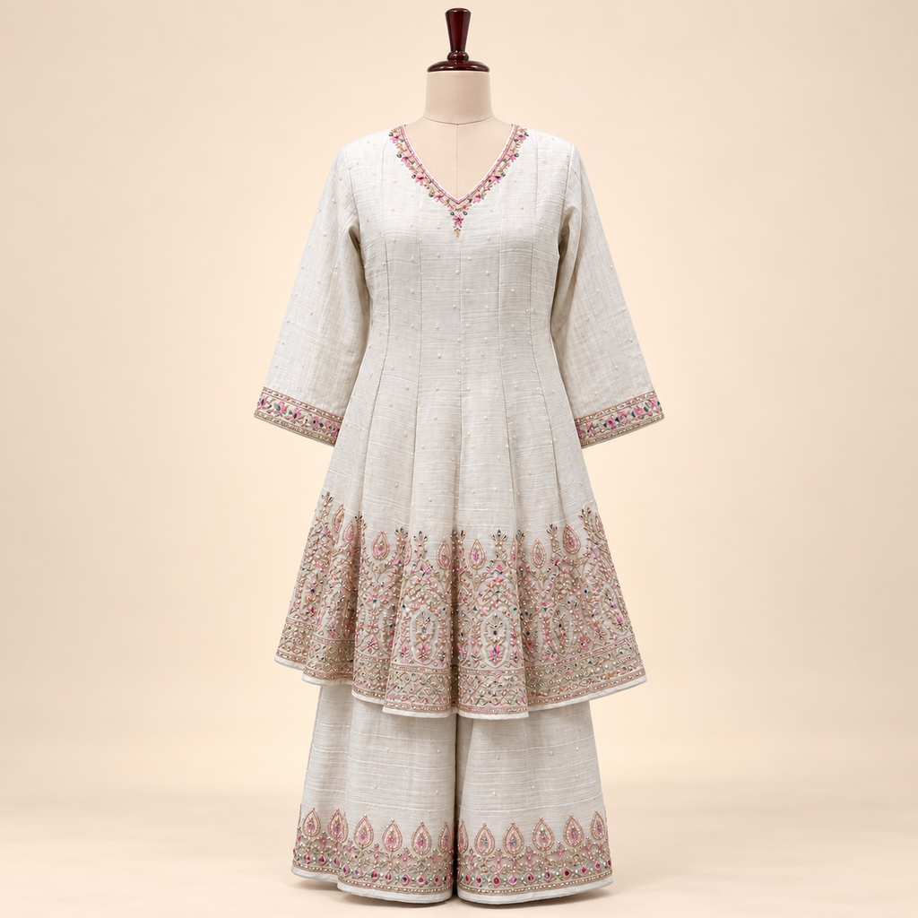 Cream Fendi Embroidered Palazzo Salwar Set