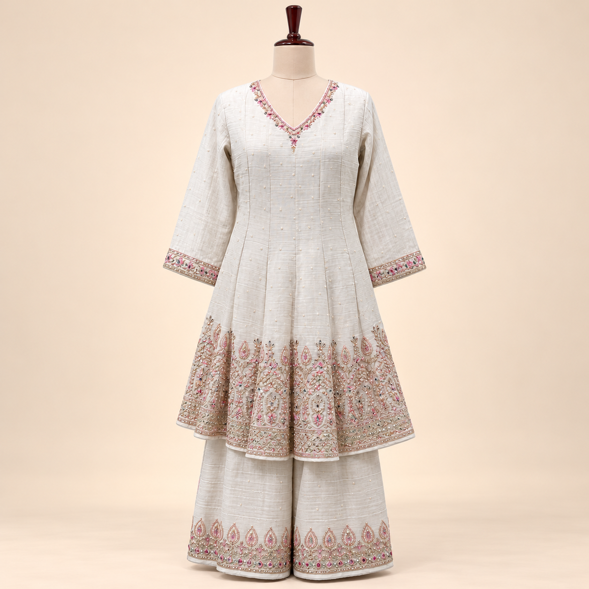 Cream Fendi Embroidered Palazzo Salwar Set