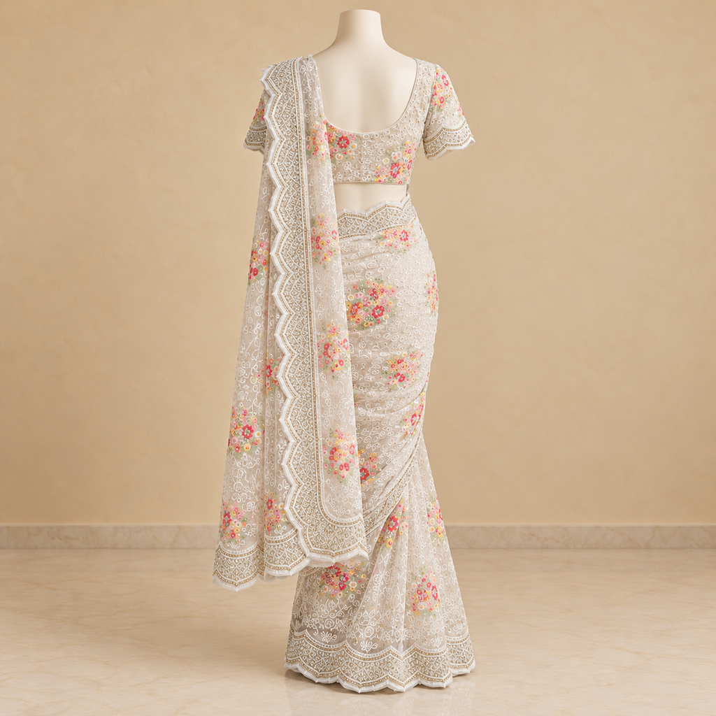 Light Green Netted Saree with Multicolour Floral Embroidery and Scalloped Border