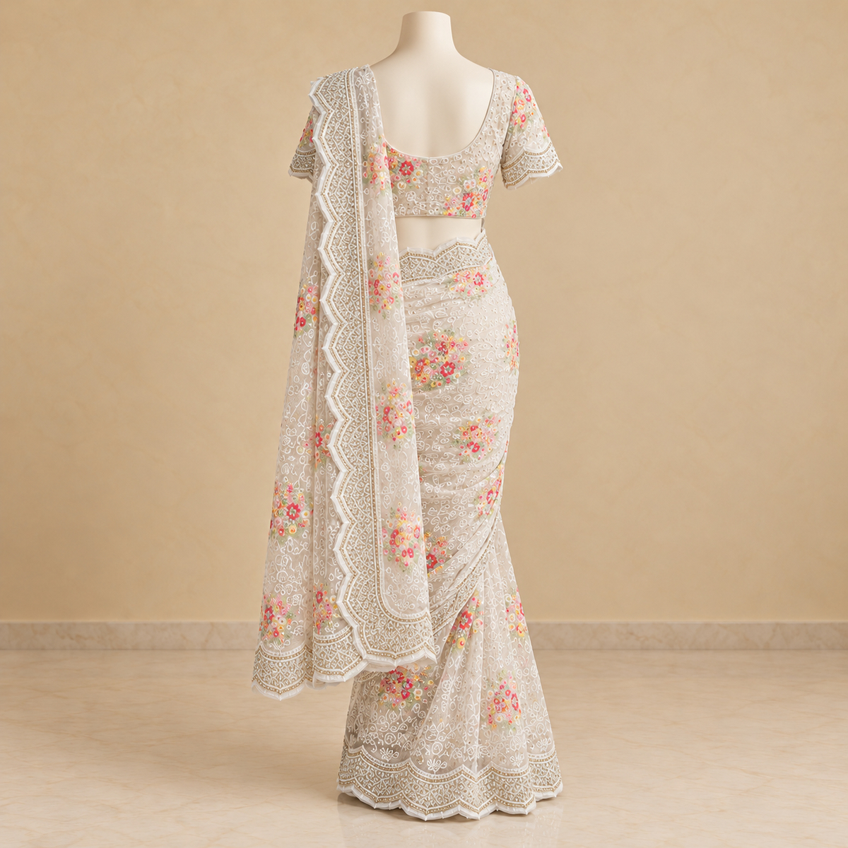 Light Green Netted Saree with Multicolour Floral Embroidery and Scalloped Border