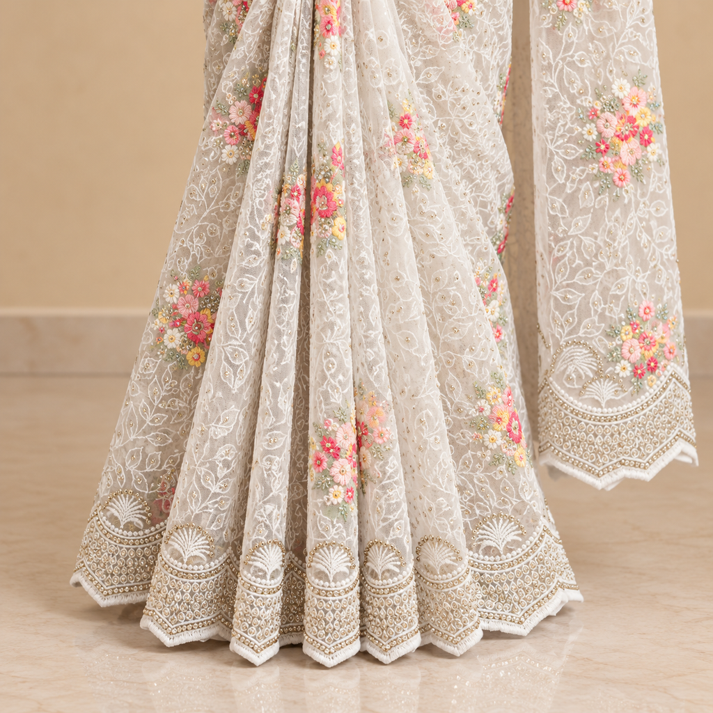 Light Green Netted Saree with Multicolour Floral Embroidery and Scalloped Border