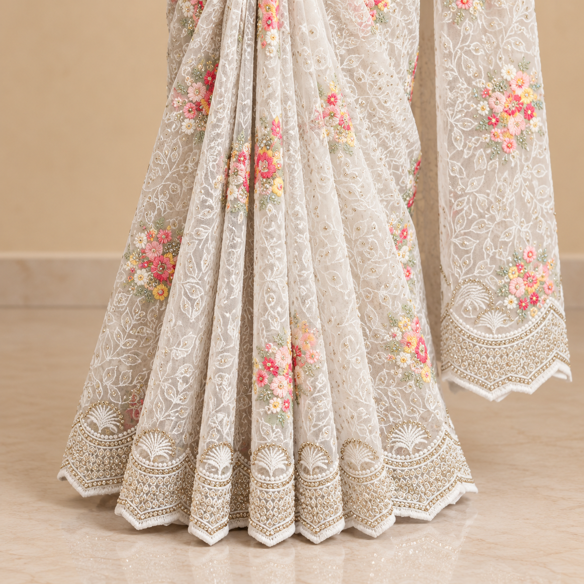 Light Green Netted Saree with Multicolour Floral Embroidery and Scalloped Border