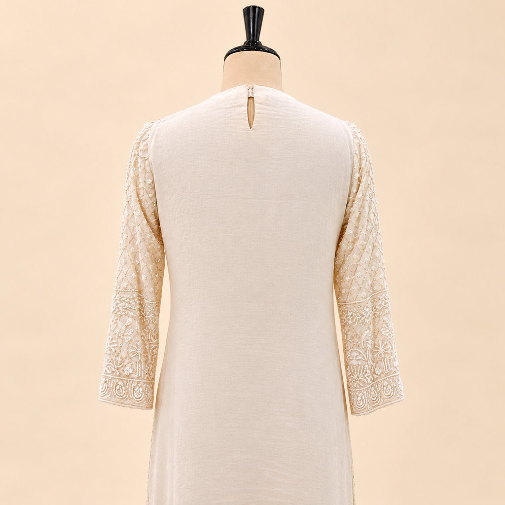 Ivory Cream Floral Embroidered Chinon Palazzo Salwar Set with Dupatta