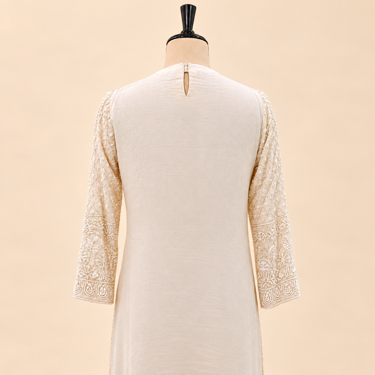 Ivory Cream Floral Embroidered Chinon Palazzo Salwar Set with Dupatta