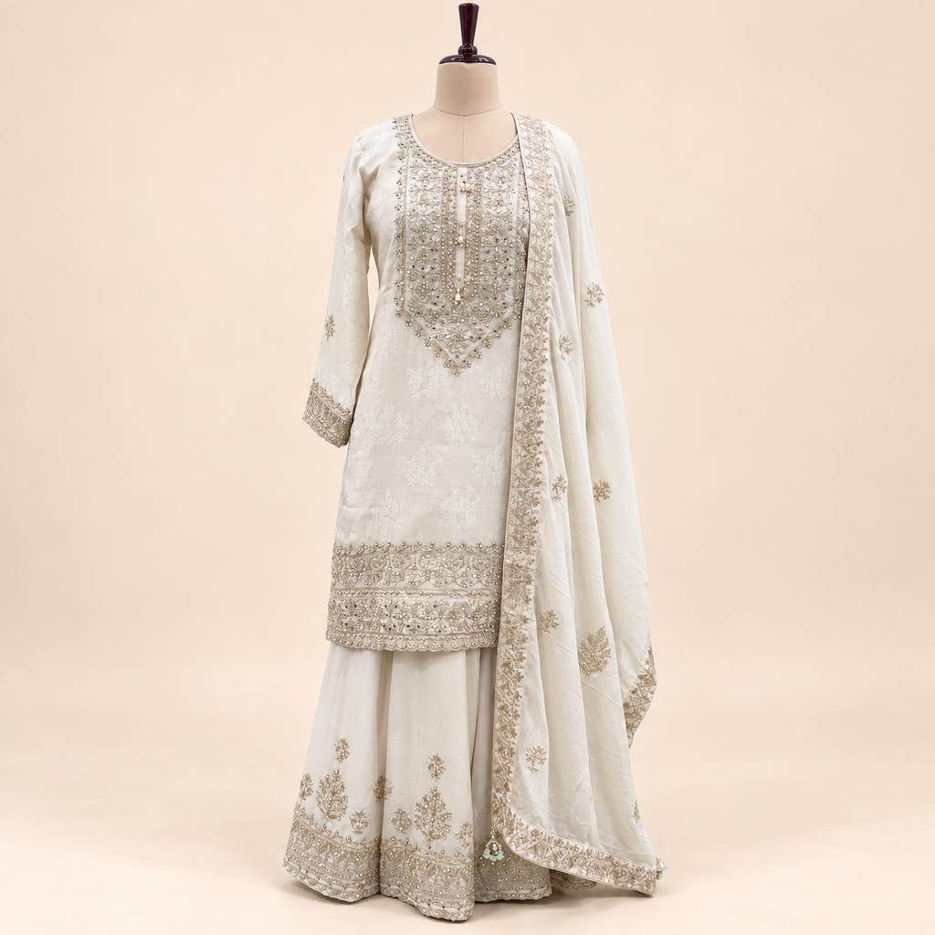 Cream Embellished  Salwar palazzo Suit with Dupatta