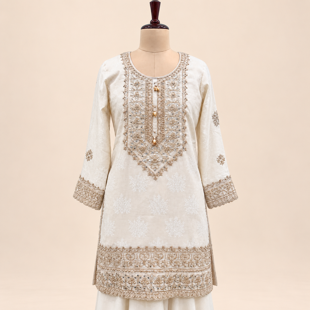 Cream Embellished  Salwar palazzo Suit with Dupatta