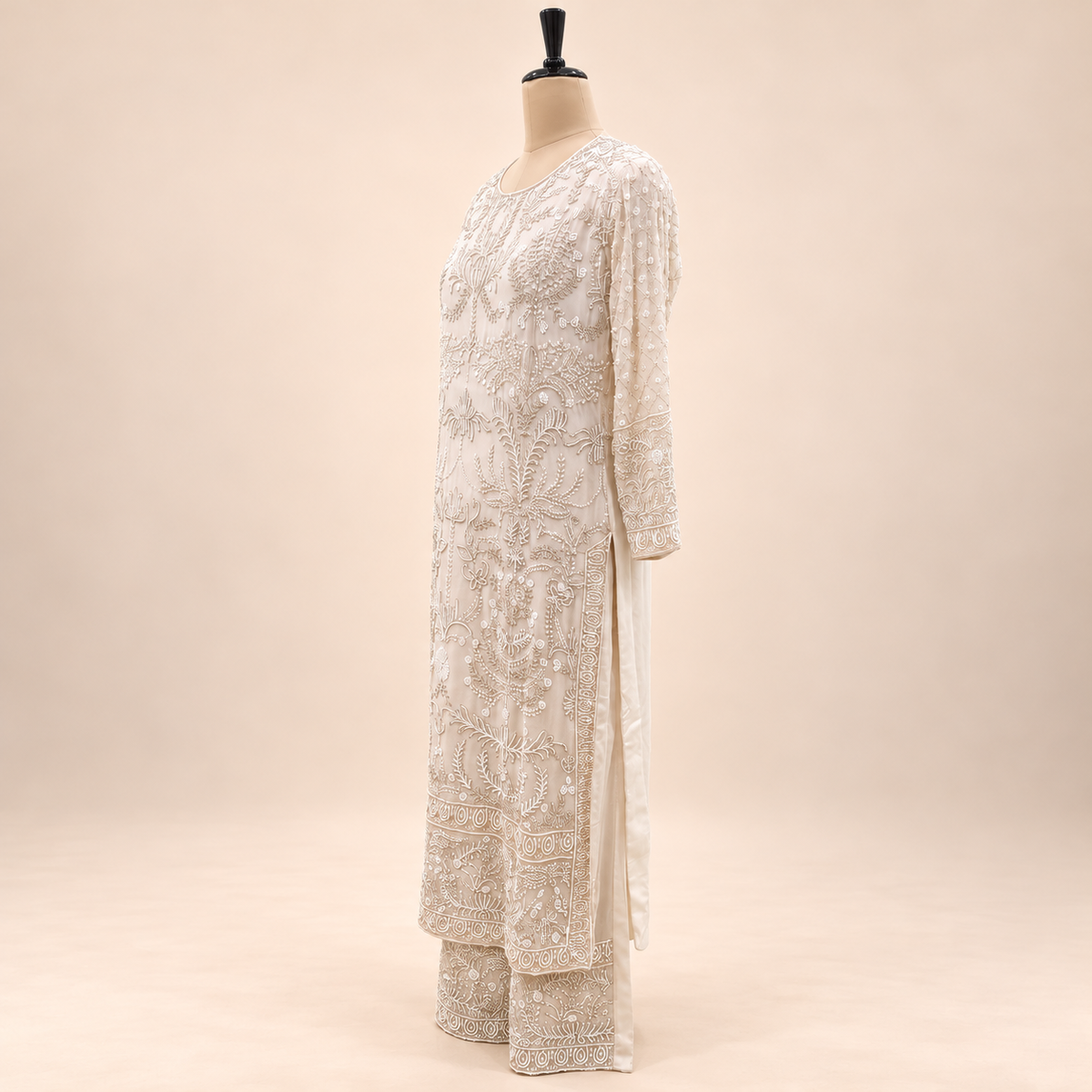 Ivory Cream Floral Embroidered Chinon Palazzo Salwar Set with Dupatta