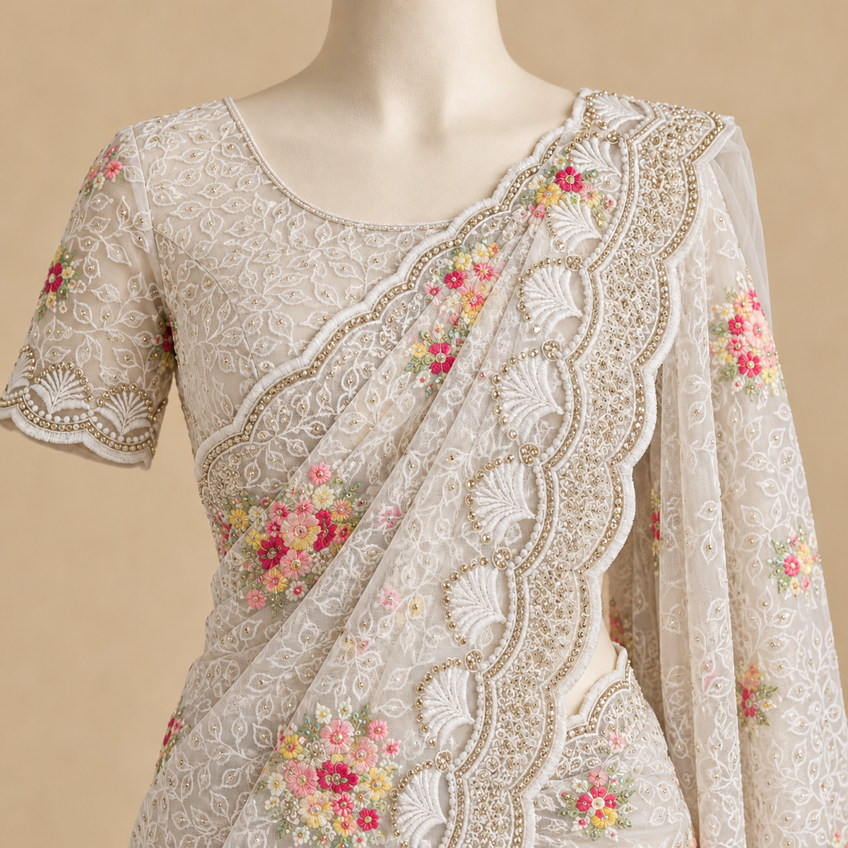Light Green Netted Saree with Multicolour Floral Embroidery and Scalloped Border