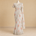 Light Green Netted Saree with Multicolour Floral Embroidery and Scalloped Border