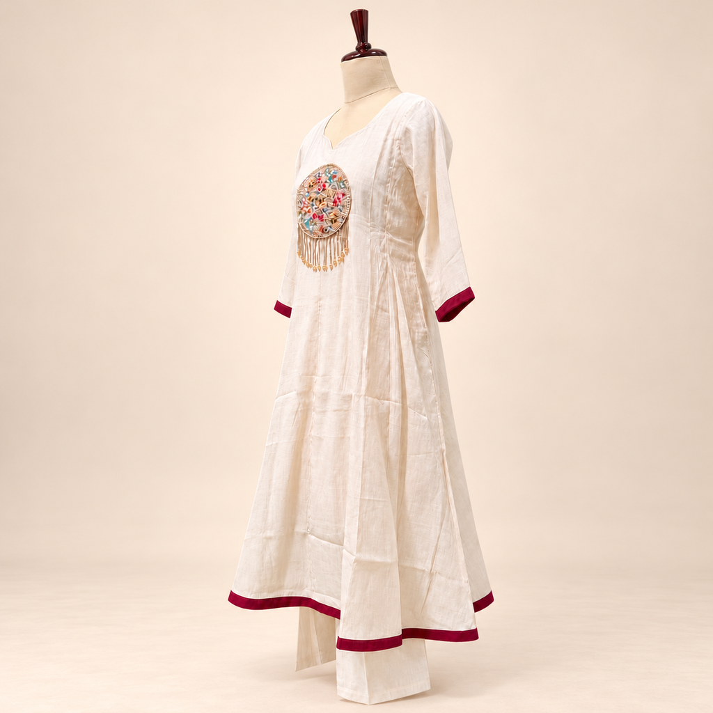Ivory & Maroon Multicolour Floral Embroidered Cotton Anarkali Suit Set with Dupatta