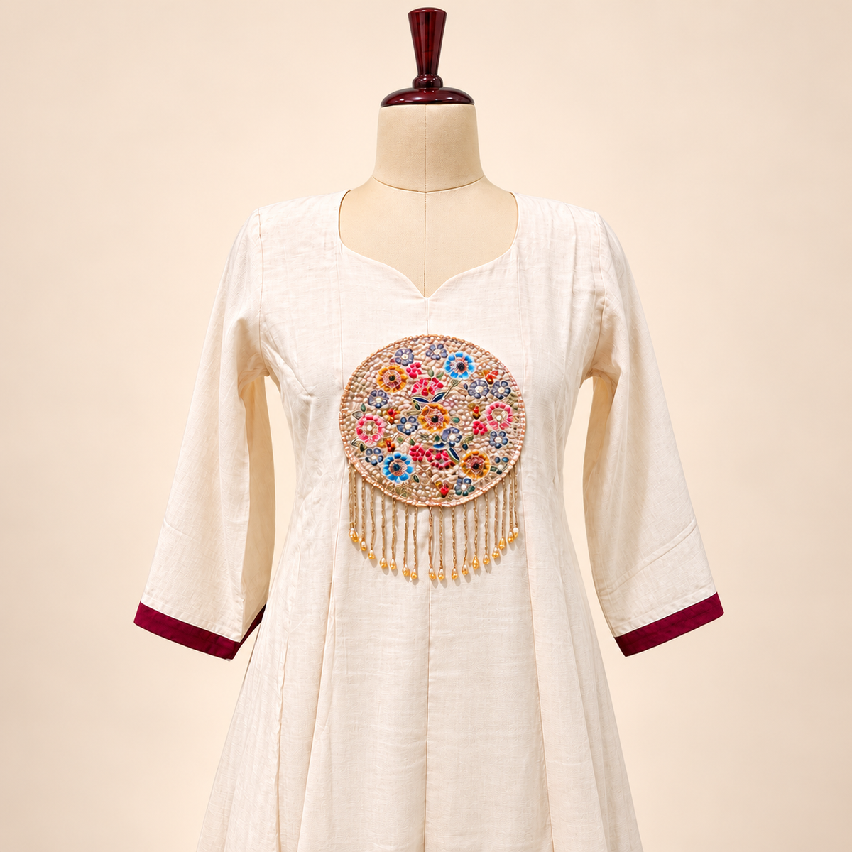 Ivory & Maroon Multicolour Floral Embroidered Cotton Anarkali Suit Set with Dupatta