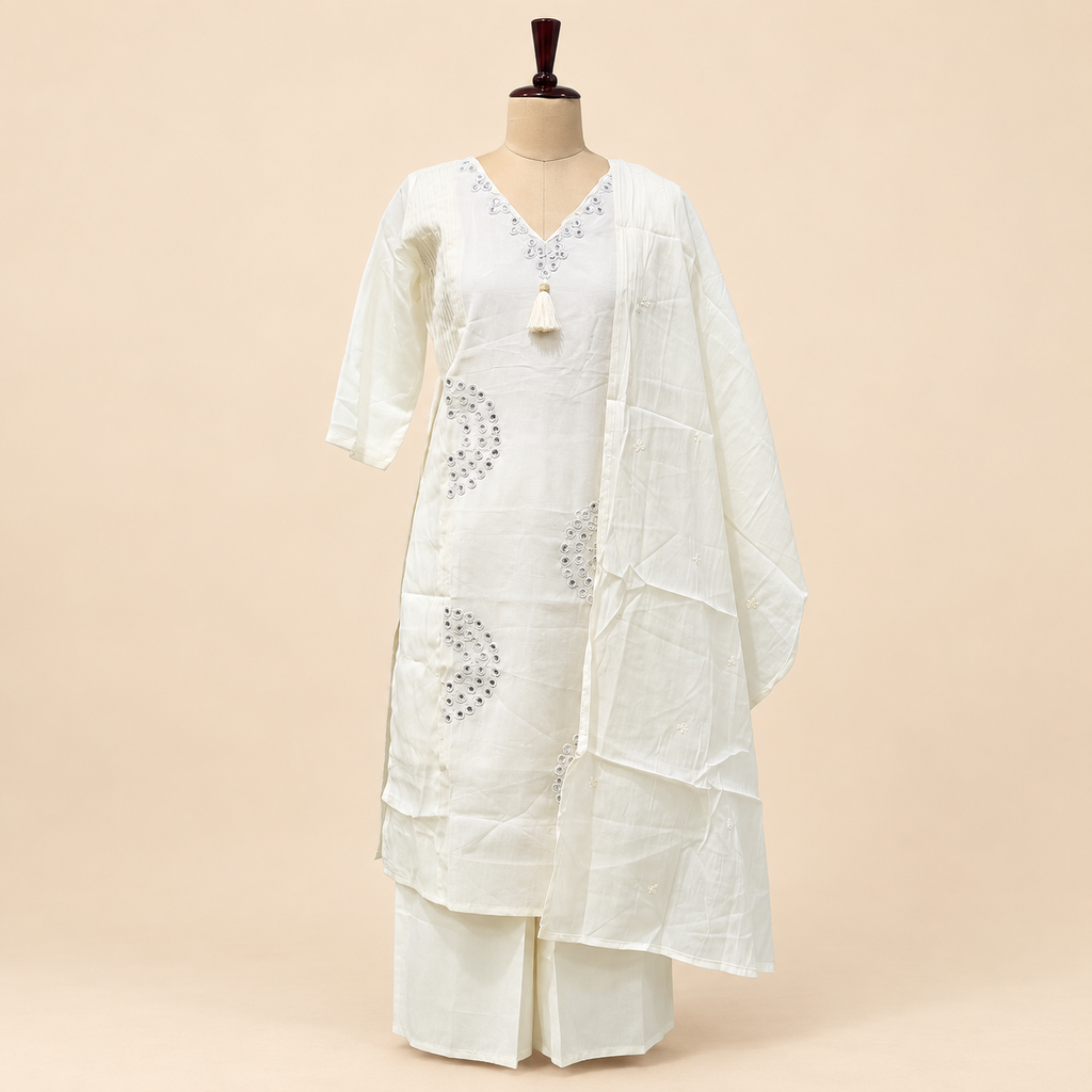 Multicolour Mirror Work Cotton Kurta Set with Palazzo and Dupatta