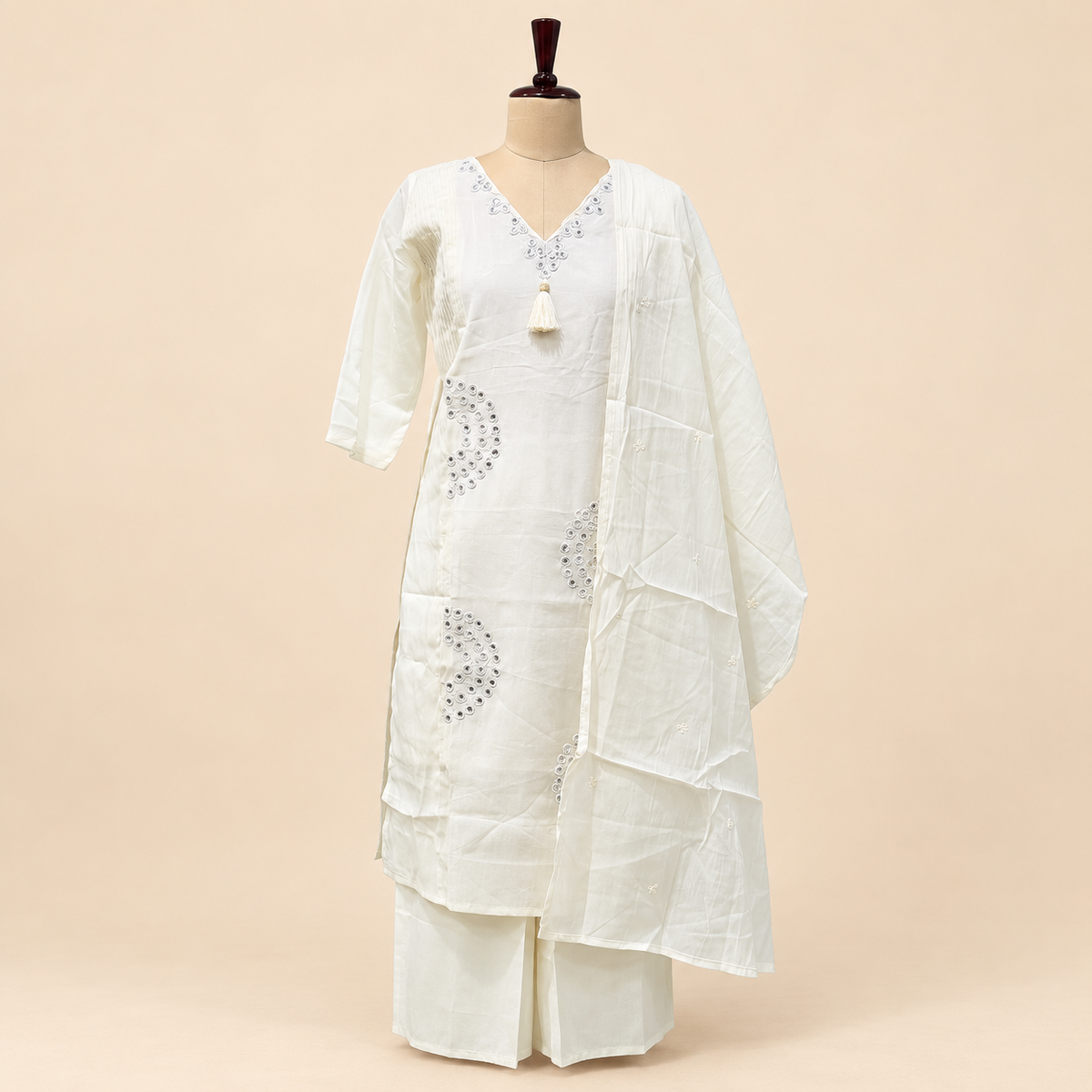 Multicolour Mirror Work Cotton Kurta Set with Palazzo and Dupatta