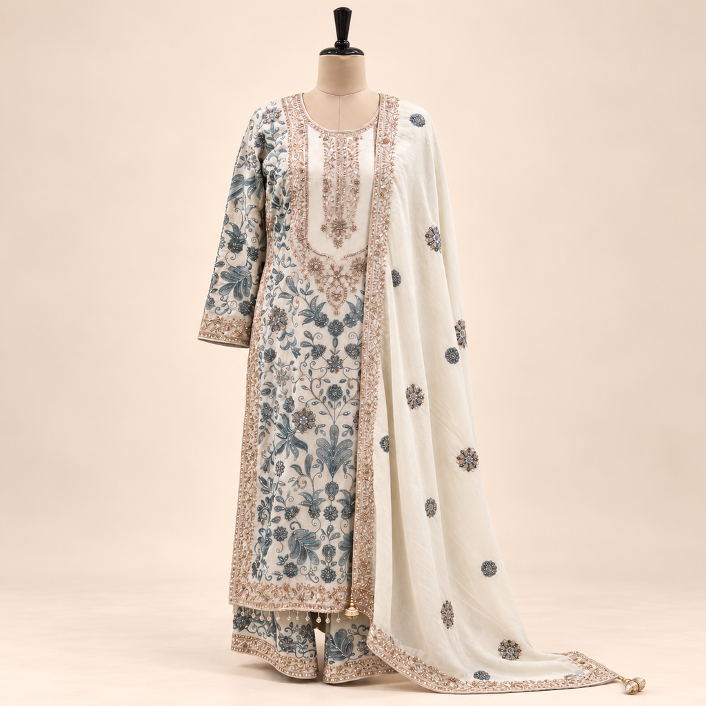 Cream &amp; Green Embellished Georgette Salwar