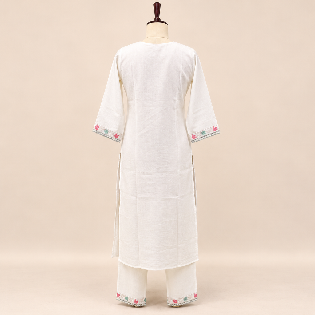 Multicolour Floral Embroidered Cotton Kurta Set with Dupatta