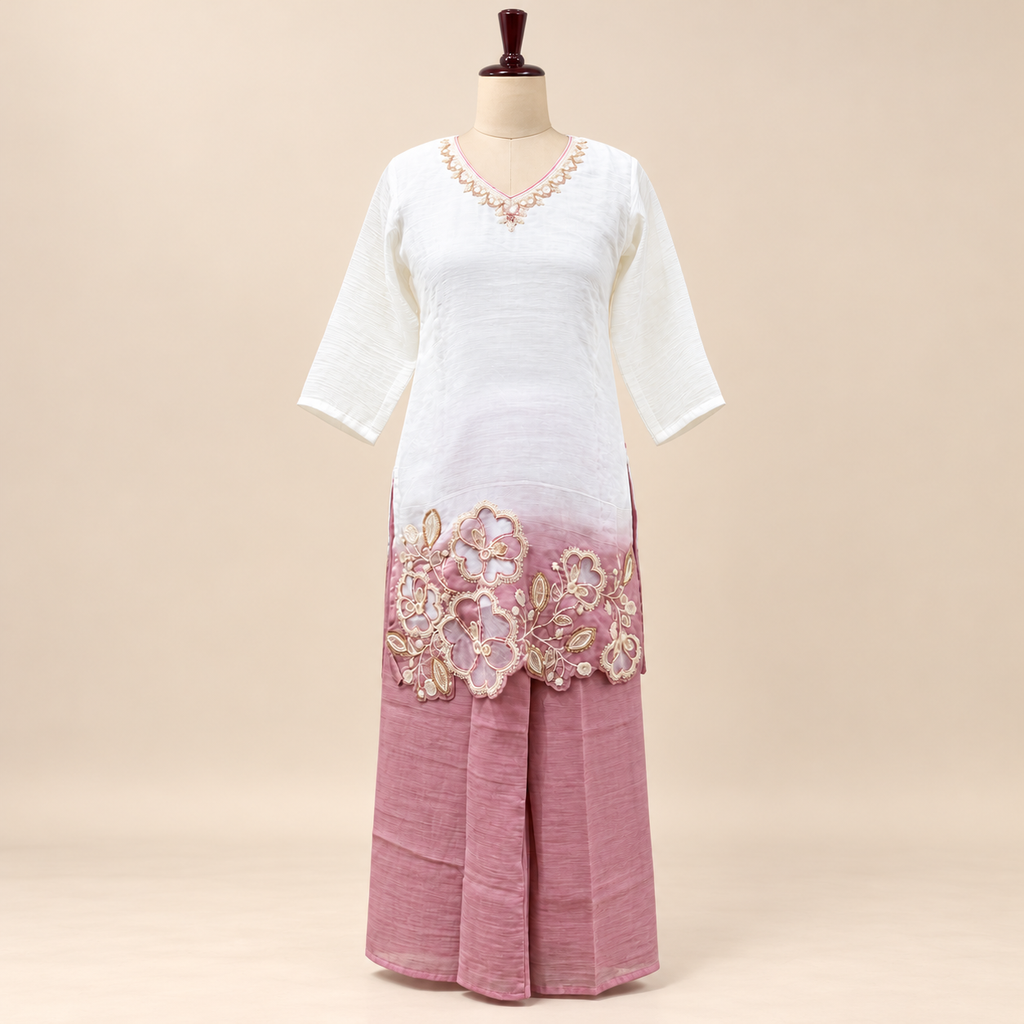 Onion Crush Floral Embroidered Kurta Set with palazzo and Dupatta