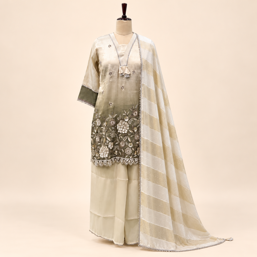 Green Silk Floral Embroidered Sharara Set with Dupatta