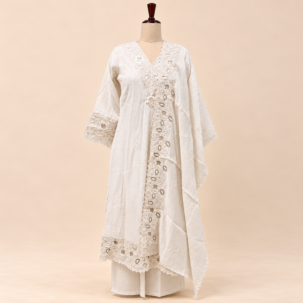 Multi-Tone Ivory Cotton Floral Embroidered Straight Cut Salwar Suit with Dupatta