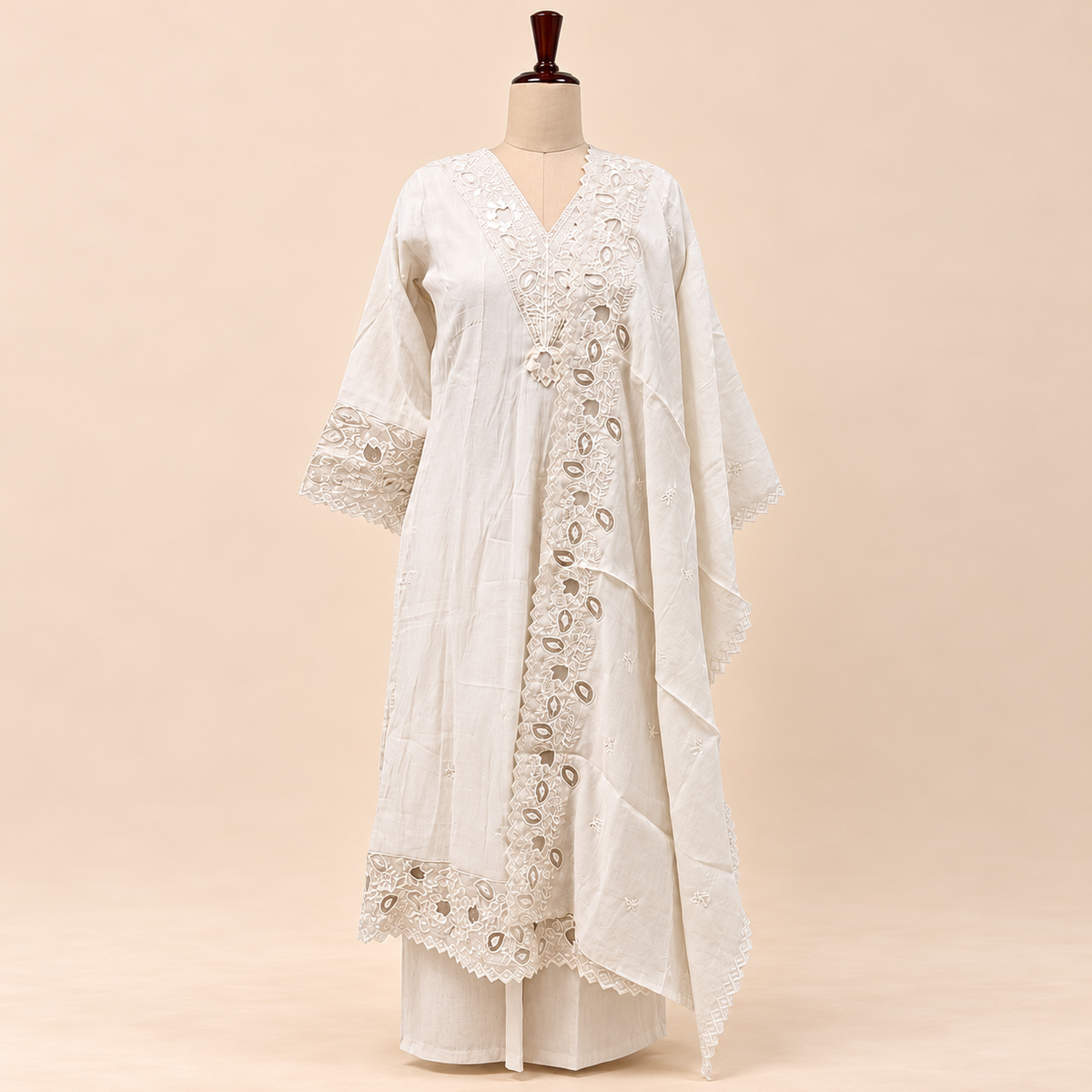 Multi-Tone Ivory Cotton Floral Embroidered Straight Cut Salwar Suit with Dupatta