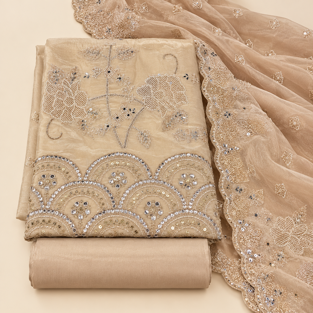 Elegant Beige Shimmer Dress Material with Floral Embroidery and Scalloped Dupatta