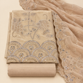 Elegant Beige Shimmer Dress Material with Floral Embroidery and Scalloped Dupatta