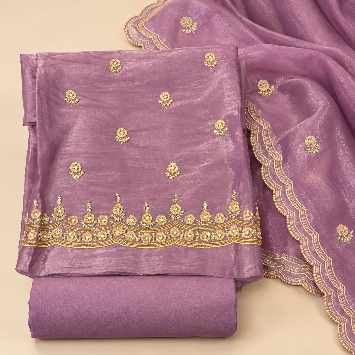 Elegant Lavender Shimmer Silk Dress Material with Gold Floral Embroidery
