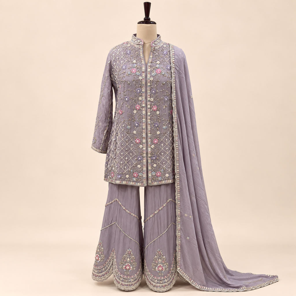 Lavender Multi colour Embellished Sharara Salwar Suit