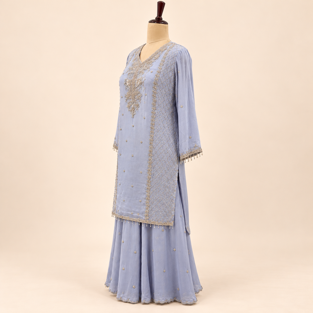 Lavender Embroidered Chinon Sharara Salwar Set with Dupatta