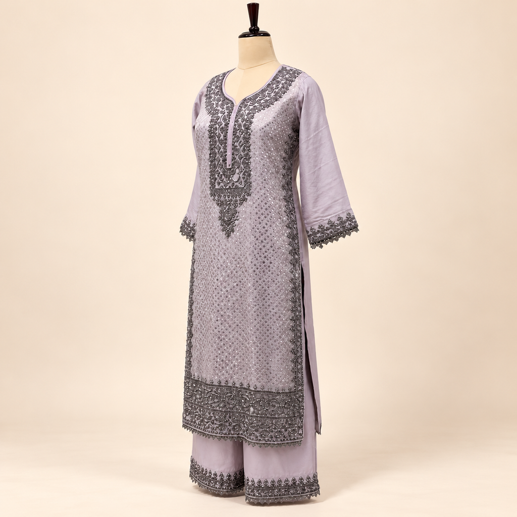 Lavender Shimmer Embroidered Straight Cut Salwar Suit with Dupatta