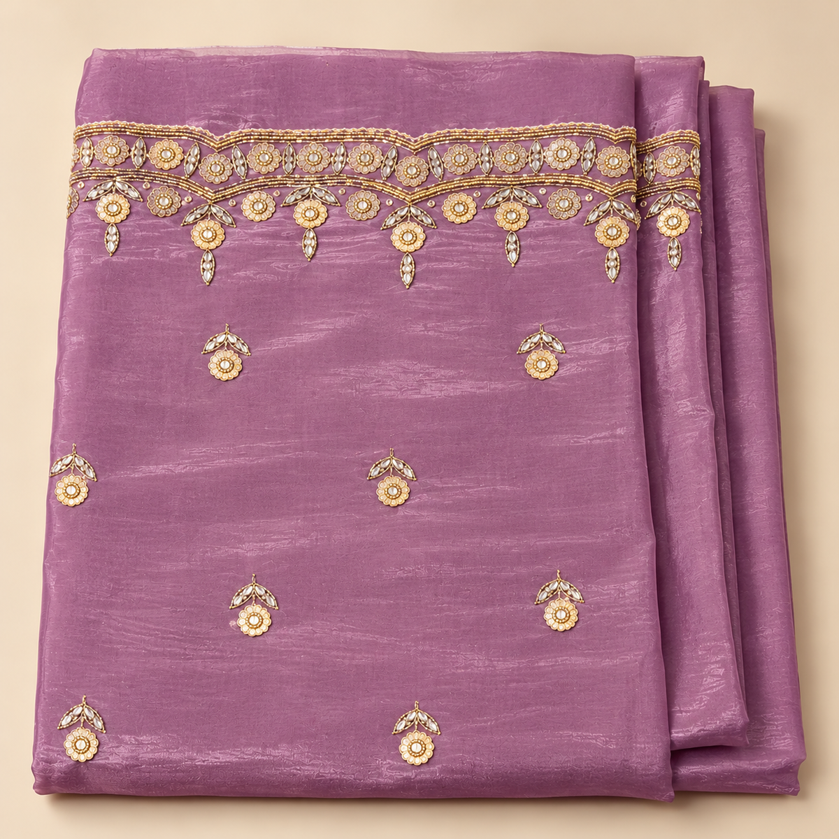 Elegant Lavender Shimmer Silk Dress Material with Gold Floral Embroidery