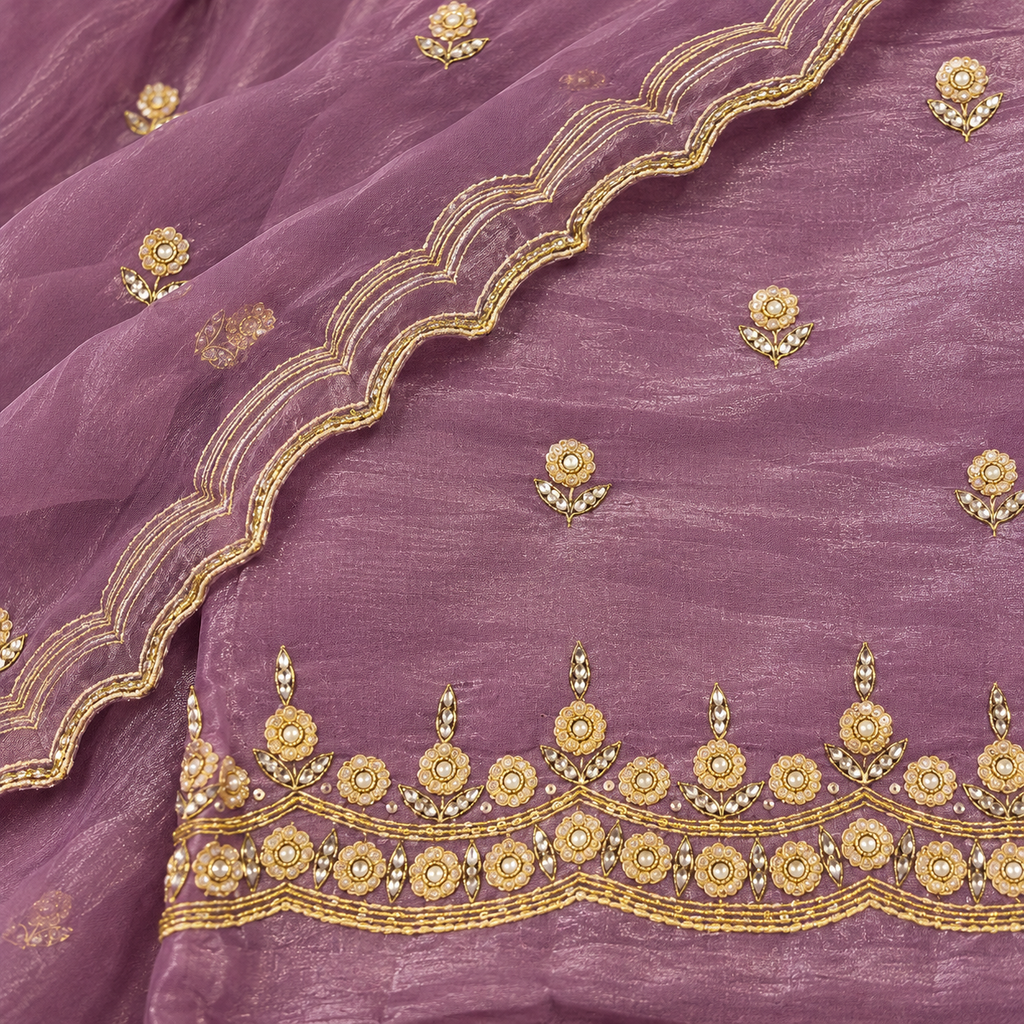 Elegant Lavender Shimmer Silk Dress Material with Gold Floral Embroidery