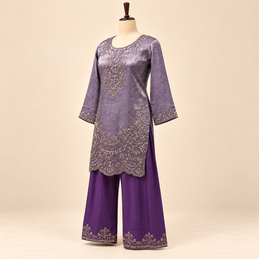 Lavender Silk Embroidered Kurta Set with Palazzo and Dupatta