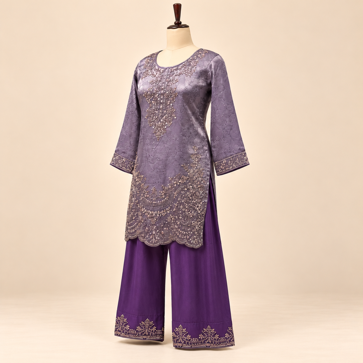 Lavender Silk Embroidered Kurta Set with Palazzo and Dupatta