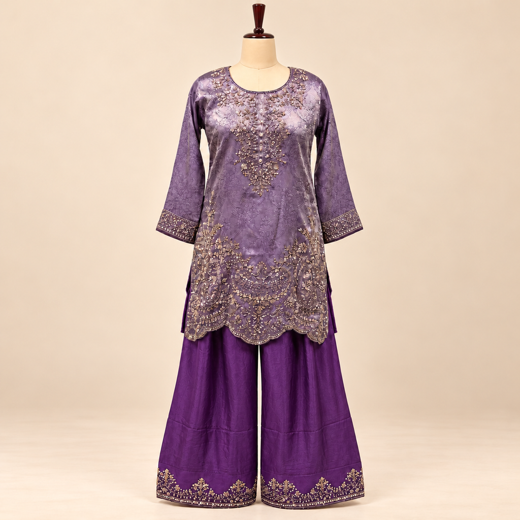 Lavender Silk Embroidered Kurta Set with Palazzo and Dupatta