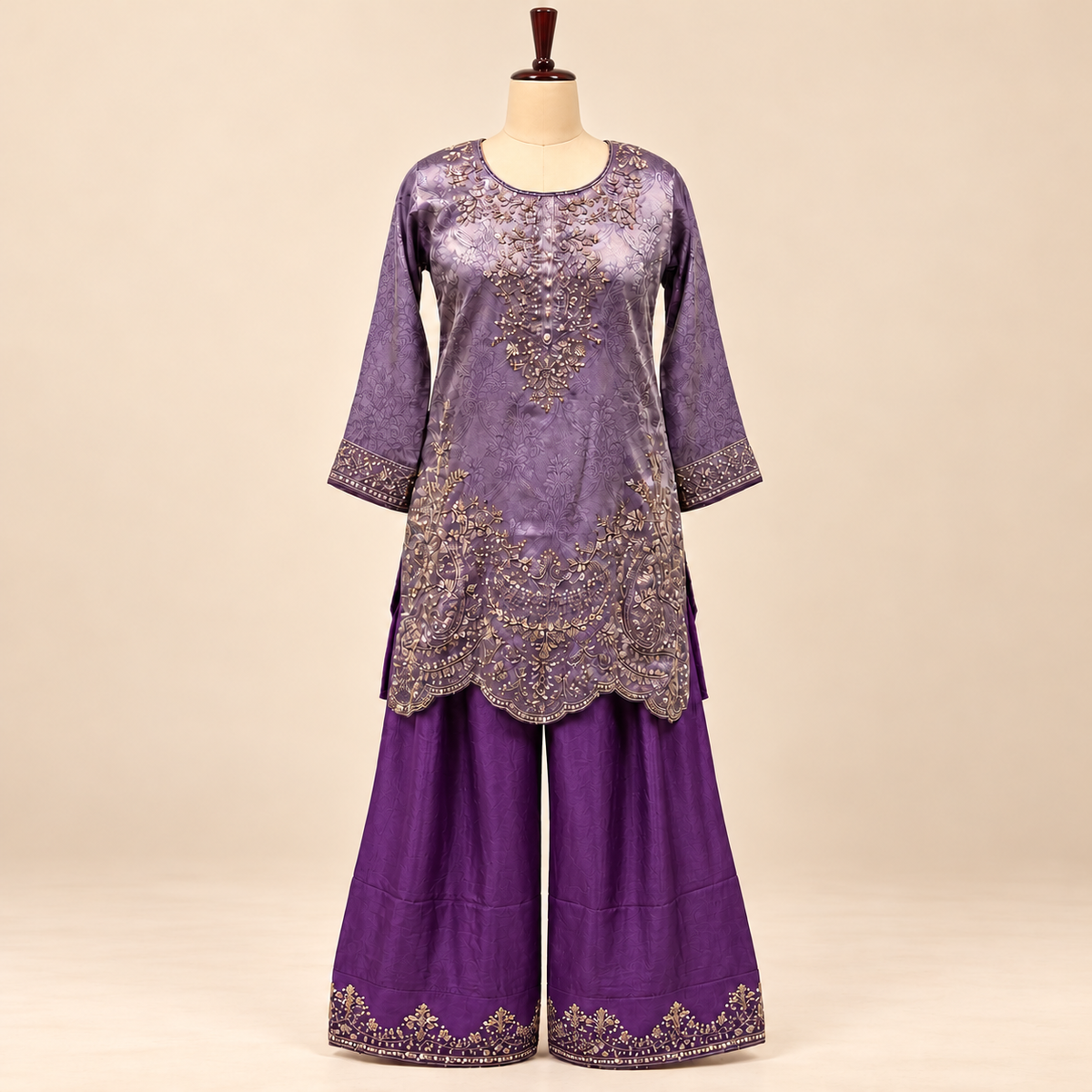 Lavender Silk Embroidered Kurta Set with Palazzo and Dupatta