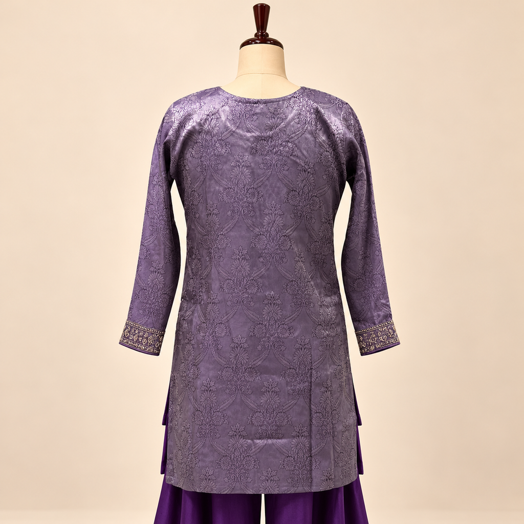 Lavender Silk Embroidered Kurta Set with Palazzo and Dupatta
