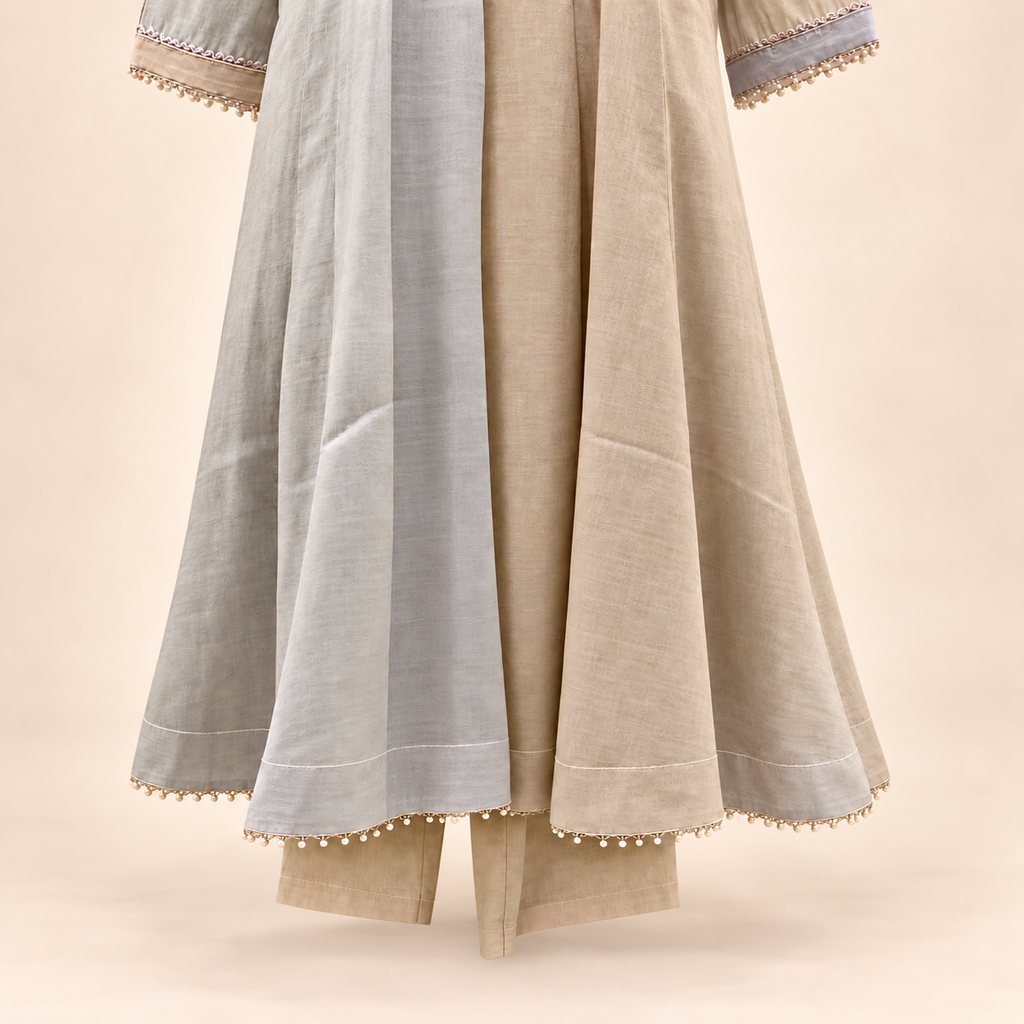 Beige Mirror Embellished Salwar Suit with Striped Dupatta
