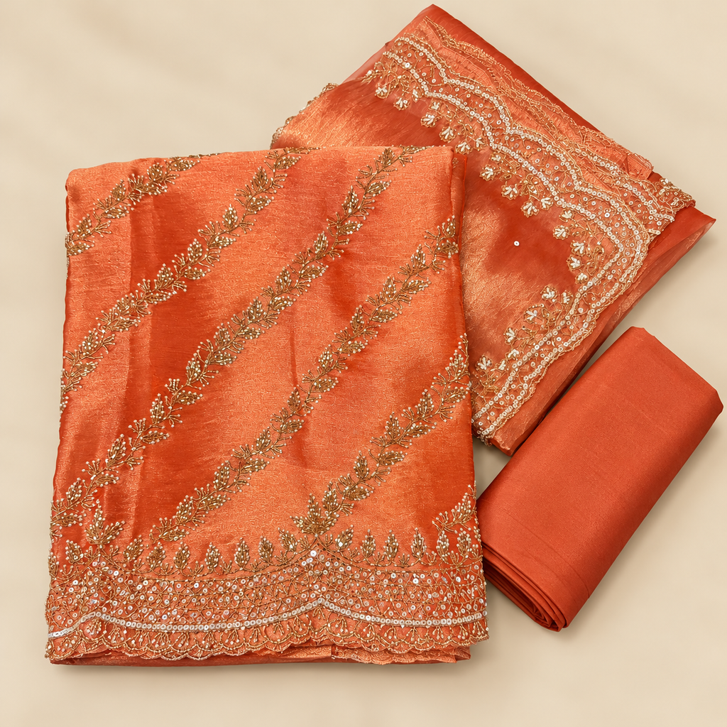 Onion Pink Organza Designer Embroidered Unstitched Dress Material Set