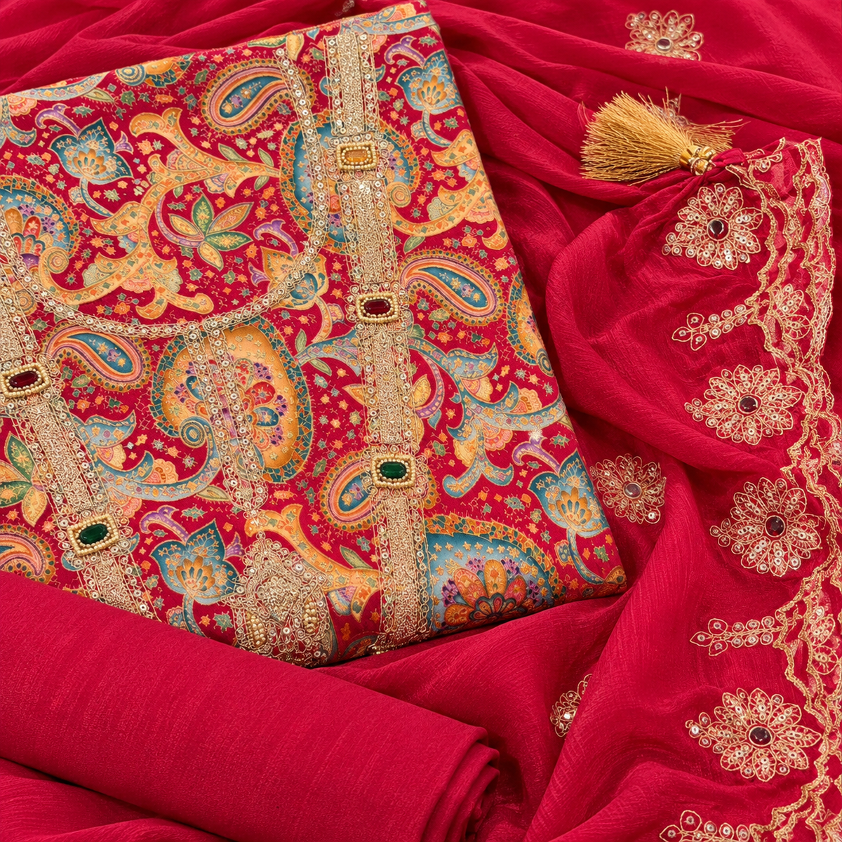 Royal Rani Pink Silk Dress Material with Multicolour Paisley Embroidery
