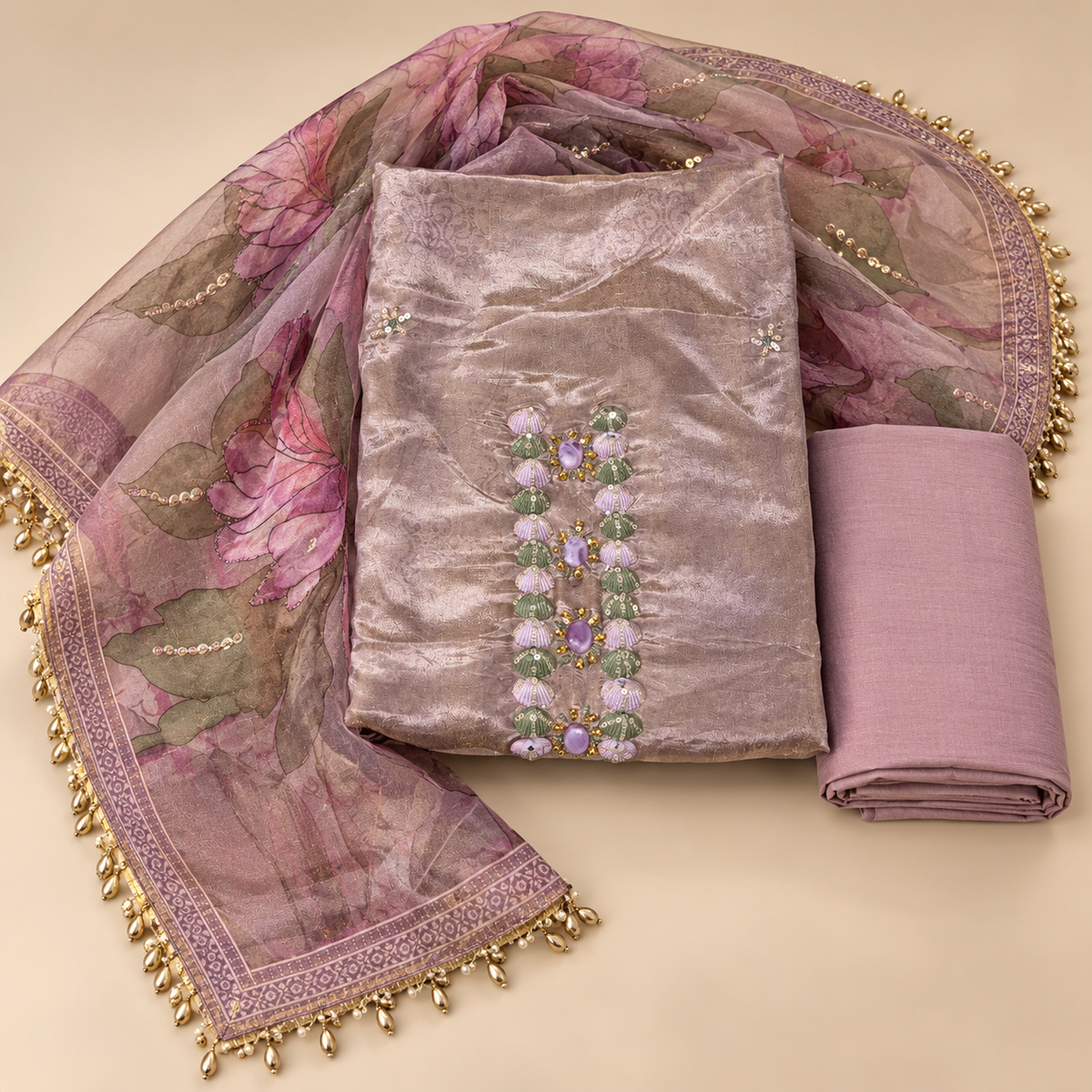 Elegant Lavender Shimmer Dress Material with Floral Printed Dupatta